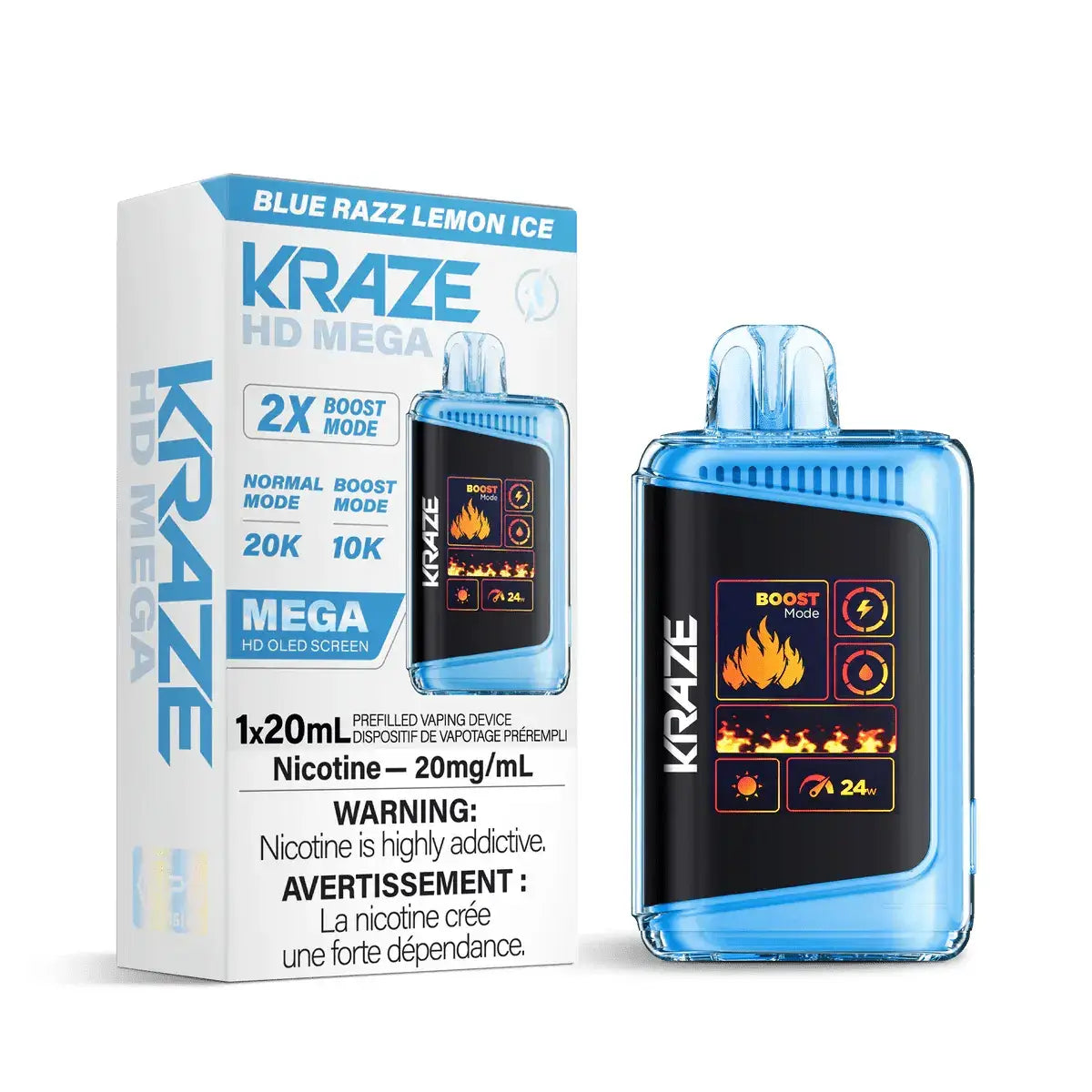 Kraze HD Mega 20K - Blue Razz Lemon Ice - Vape jetable - Vapeshop Mania