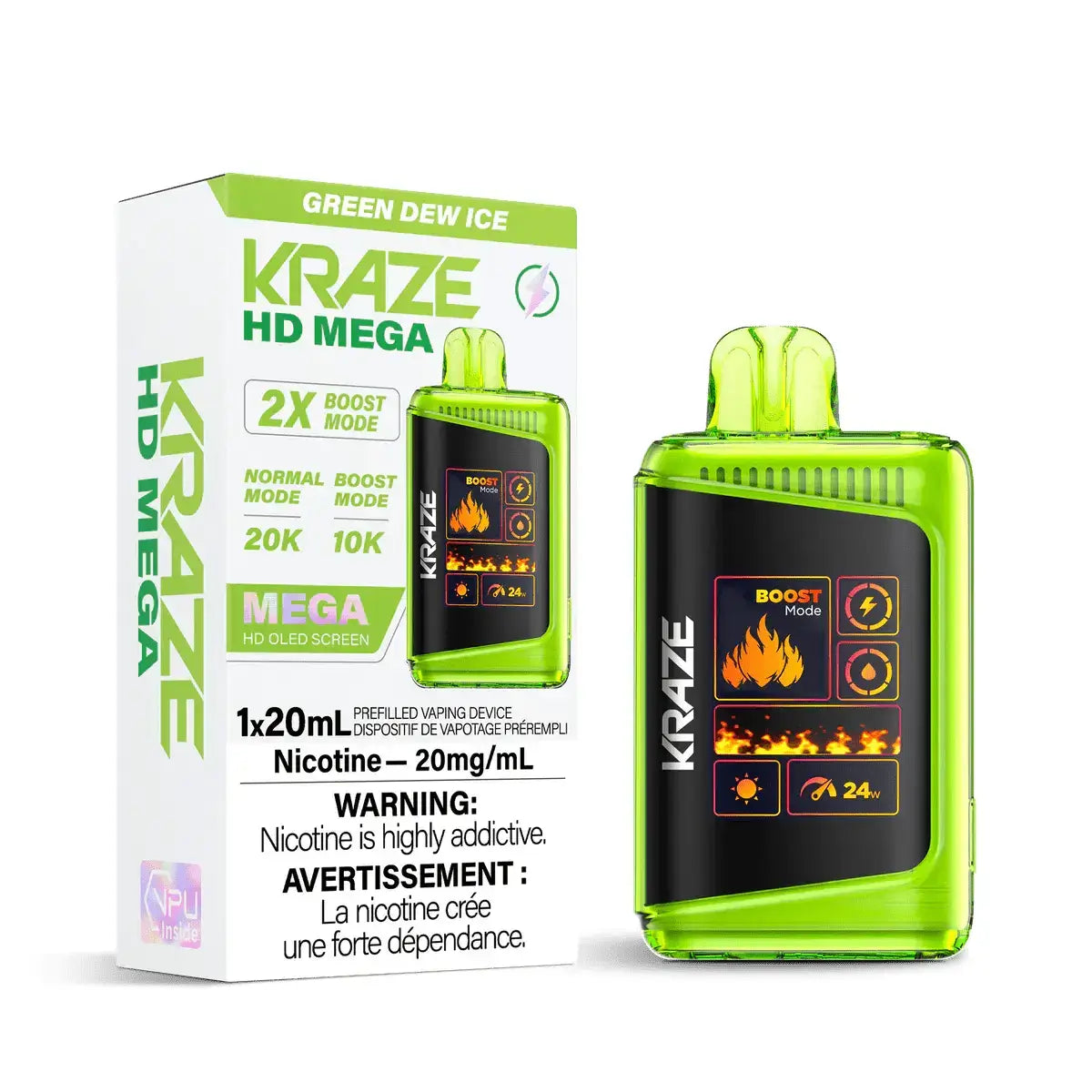 Kraze HD Mega 20K - Green Dew Ice - Vape jetable - Vapeshop Mania