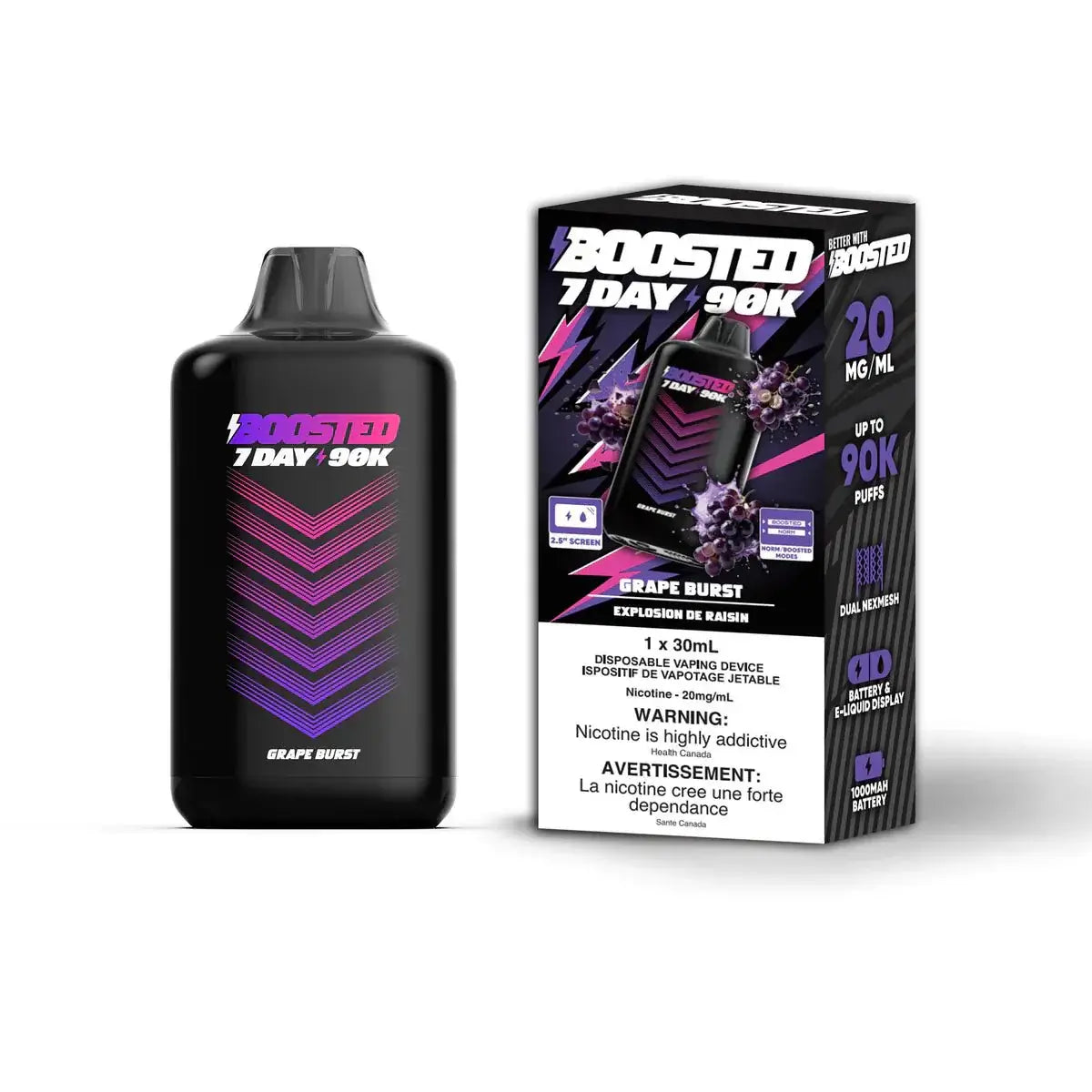 Boosted 7 jours 90K - Grape Burst - Vape jetable - Vapeshop Mania