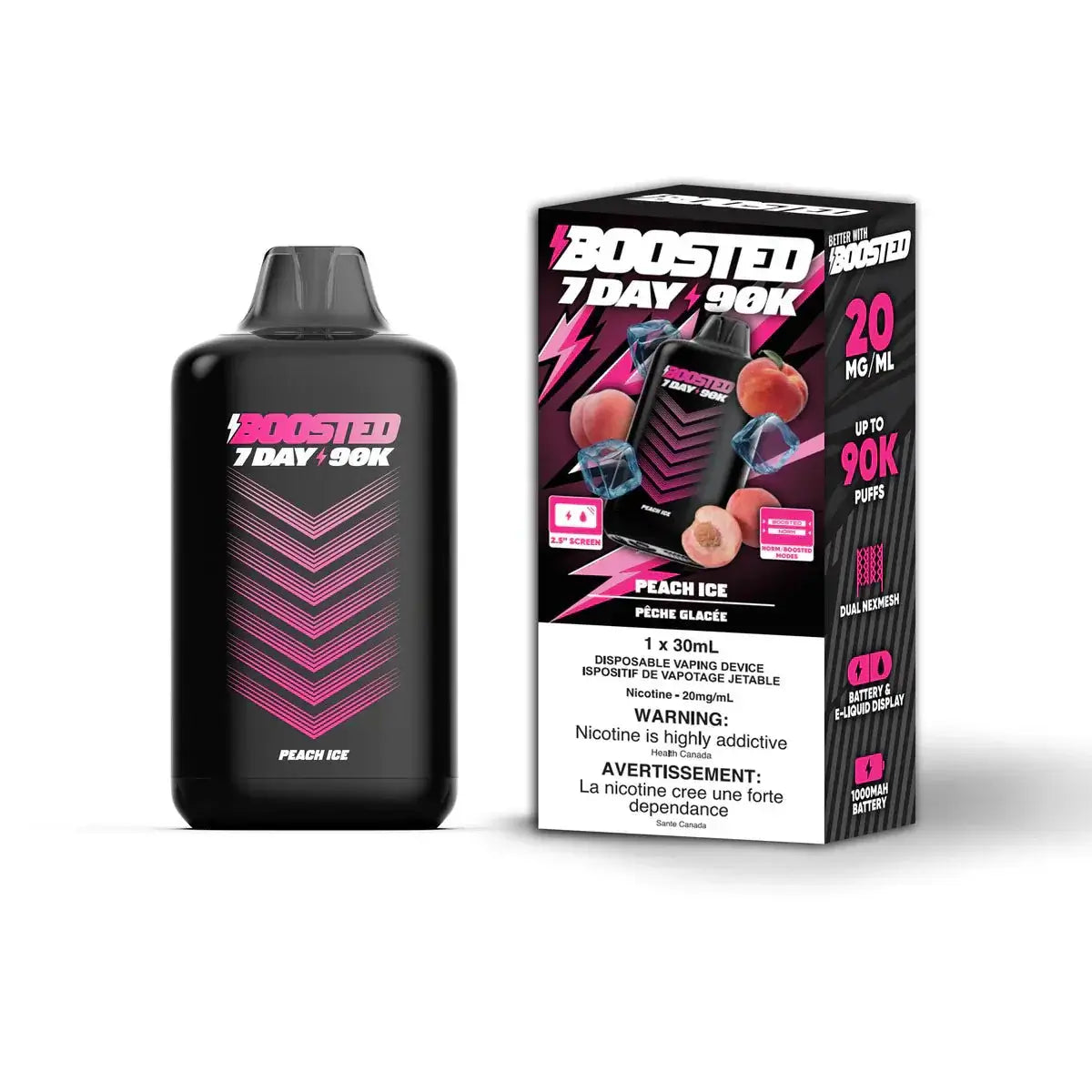 Boosted 7 jours 90K - Glace à la pêche - Vape jetable - Vapeshop Mania