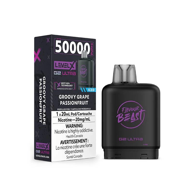 Shop Level X Flavour Beast Ultra 50K Pod 20ml - Groovy Grape Passionfruit Iced - at Vapeshop Mania